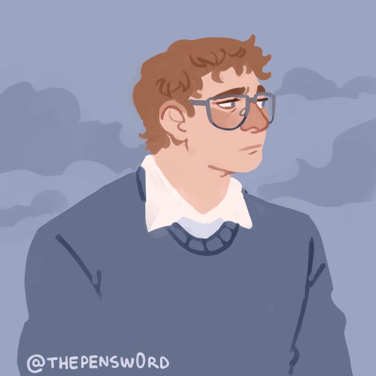 a drawing of a man wearing glasses and a sweater with clouds in the sky behind him