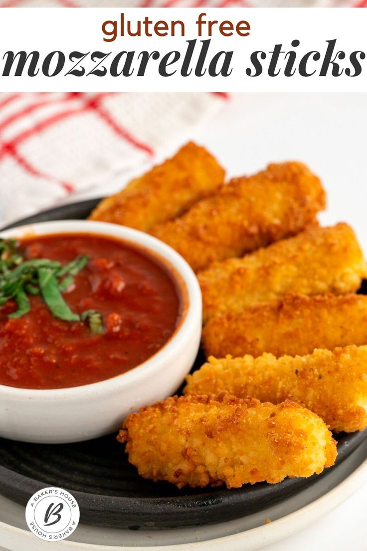 there is a plate with some fried food on it and the words gluten free mozzarella sticks