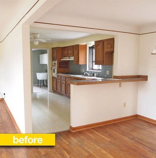 an empty kitchen and living room with hardwood floors in the foreground, before and after remodeling