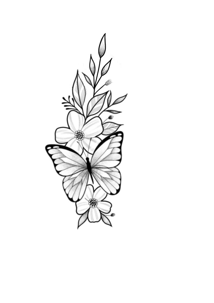 a black and white butterfly with flowers on it