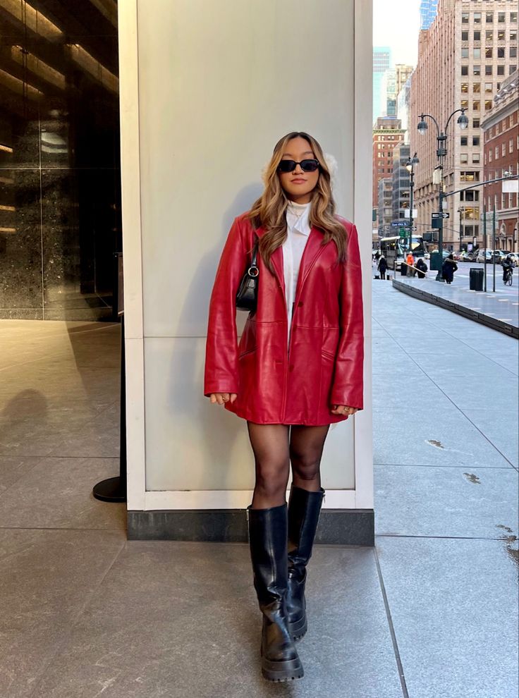 Fall Fashion 2023 Red, Red Boots Winter Outfit, Cherry Red Winter Outfits, Red Jacket Winter Outfit, Red Long Jacket Outfit, Red Boots Fall Outfit, Red Leather Coat Outfits, Red Platform Boots Outfit, Santacon Outfits Women Nyc