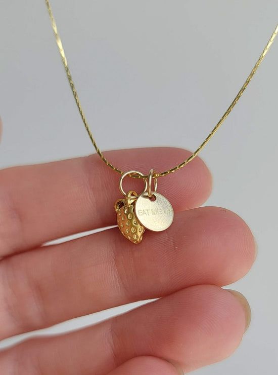 STRAWBERRY NECKLACE - happytobehere Strawberry Necklace, Eat Me, Pretty Necklaces, Buying Jewelry, Sterling Silver Chain, 14kt Gold, Gold Plating, Sterling Silver Chains, Silver Chain