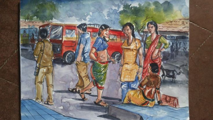 this is a painting of people waiting at a bus stop