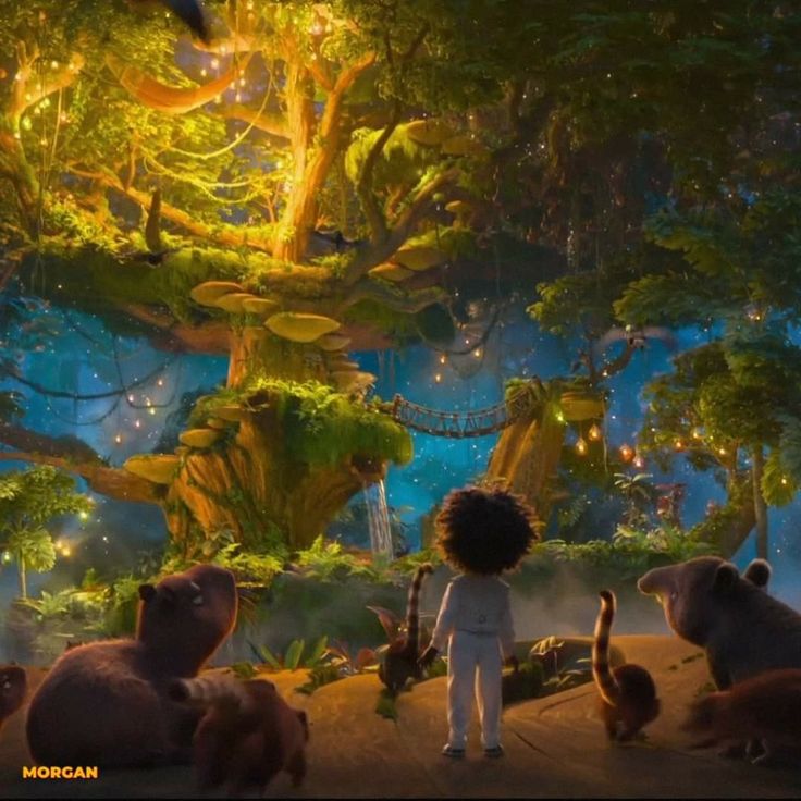 the jungle book character is surrounded by other animals in front of an illuminated forest scene