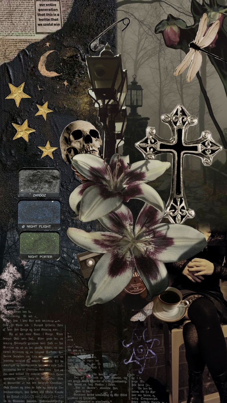 a collage with flowers, skulls and other things on it's surface in the background