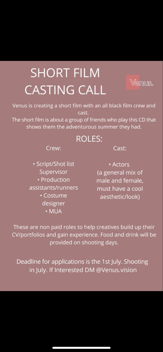 the short film casting call is displayed on a phone screen, with text below it