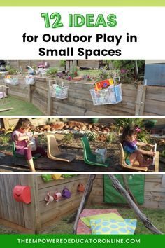 some kids play in small spaces made out of pallets and wooden boards with text overlay that reads 12 ideas for outdoor play in small spaces