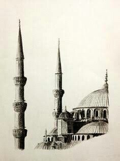 an ink drawing of a mosque with two minalis in the foreground and one on the right side