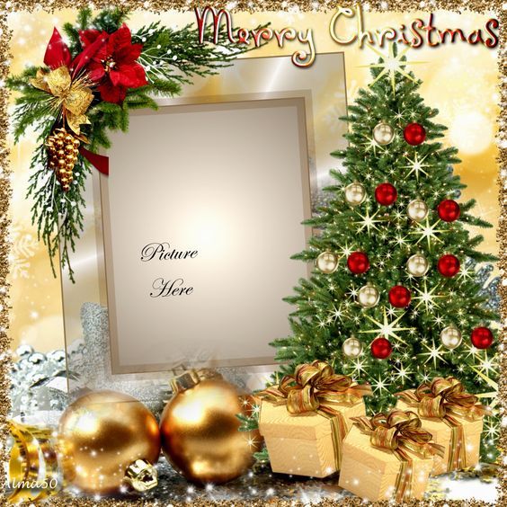 a christmas card with presents and a small tree in the middle, surrounded by gold ornaments