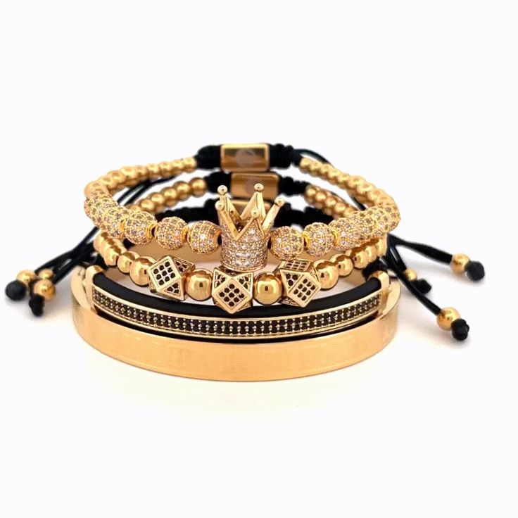 The Royal Gold Set is the top seller in a wide selection of our men's beaded bracelets. Handcrafted with durable high-quality gemstones featuring 18k gold plated stainless steel, This gold bracelet is the perfect gift for a loved one! Material: Stainless steel with real 18k gold plating.4 Pieces combo (+FREE Roman Bangle)Width: 6mmSize: One size fits all. A Free Roman Bangle will be added to your package upon delivery Luxury Gold Beaded Bracelets For Gift, Luxury Gold Beaded Jewelry As Gift, Luxury Gold Beaded Bracelets With Round Beads, Luxury Adjustable Metal Beaded Bracelets, Luxury Gold Plated Beaded Bracelets As Gift, Luxury Gold-plated Beaded Bracelets As Gift, Gold Stackable Stainless Steel Bracelets, Gold Stackable Crystal Bracelet Gift, Gold Stackable Crystal Bracelet For Gifts