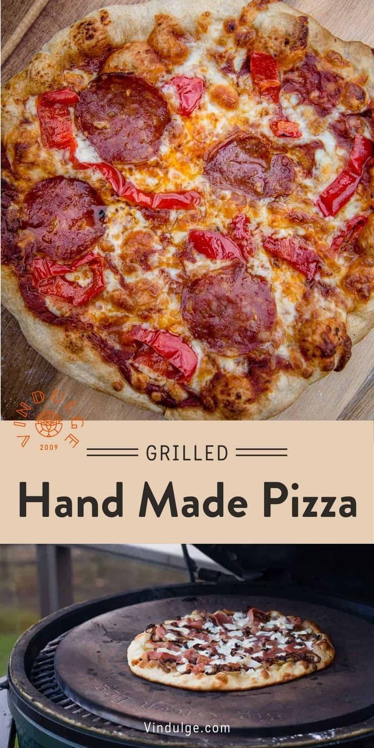 a pizza sitting on top of an outdoor grill with the words grilled hand made pizza