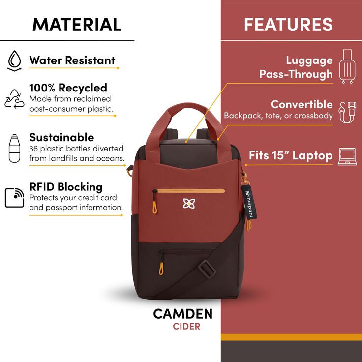 With three-in-one functionality as a backpack, crossbody or tote, the best-selling Camden does it all. This convertible bag has a large capacity that can handle those “just in case” items. Made from recycled material, the Camden features two water bottle holders, a padded laptop sleeve and a luggage pass-through. The perfect “personal item” for air travel, the Camden is sure to be your new travel favorite! Durable Multifunctional Backpack For Travel, Durable Multifunctional Travel Backpack, Functional Rectangular Backpack For Hiking, Durable Modern Backpack For Everyday Use, Durable Multifunctional Everyday Backpack, Durable Functional Travel Backpack, Brown Functional Laptop Bag For Outdoor, Multifunctional Standard Backpack For Outdoor, Rectangular Laptop Bag For Outdoor Activities