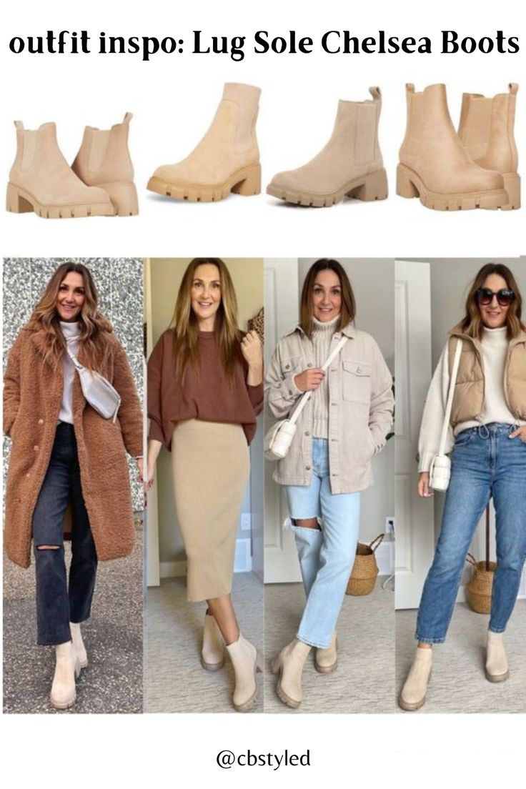 Cute trendy Chelsea boots outfits make for the perfect women's fashion outfits. If you love trendy fashion then check out these great lug sole chunky Chelsea boot outfit ideas. Styling Beige Chunky Boots, Boots For Spring Outfits, Outfit For Boots For Women, Beige Boots Outfit Women, Mia Chelsea Boots Outfit, Cream Boots For Women, Free People Essential Chelsea Boot Outfit, Fall Boot Outfits 2023, Tan Lug Boots Outfit Fall