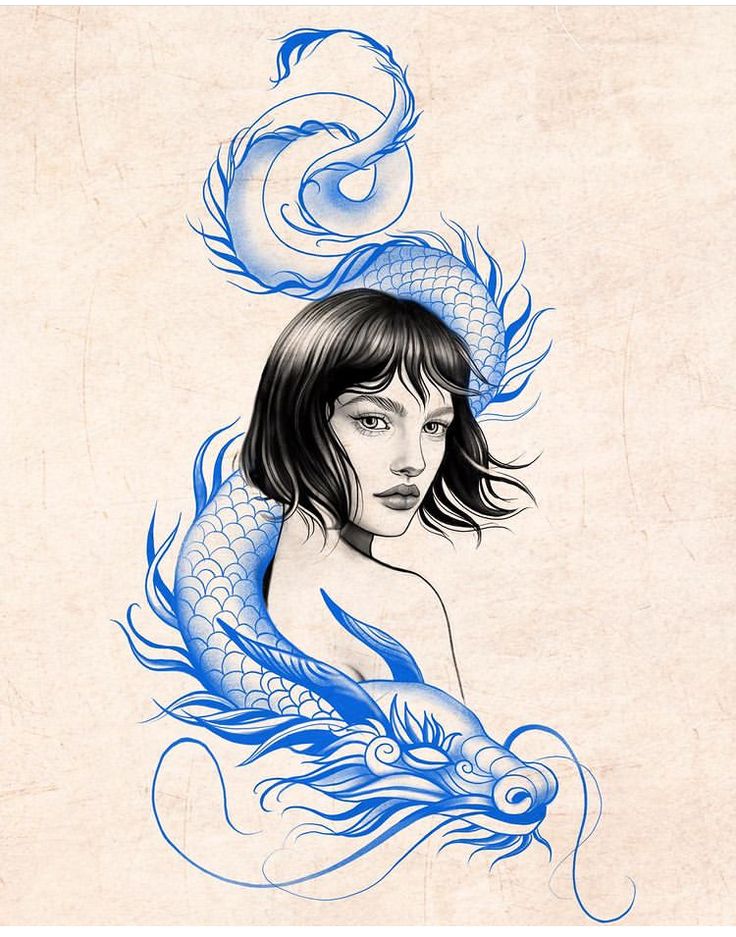 a drawing of a woman with a dragon tattoo on her arm and head, in blue ink