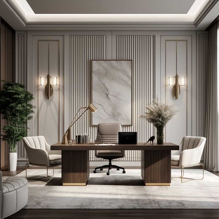 an elegant office with marble walls and flooring is pictured in this image, there are two chairs around the desk