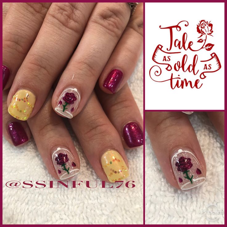 Beauty And Beast Nail Ideas, Beauty And The Best Nail Designs, Beauty Beast Nail Designs, Beauty And The Best Nails, Beauty And The Beast Rose Nails, Disney Beauty And The Beast Nails, Beauty Beast Nails, Disney Nails Beauty And The Beast, Fairytale Nail Art