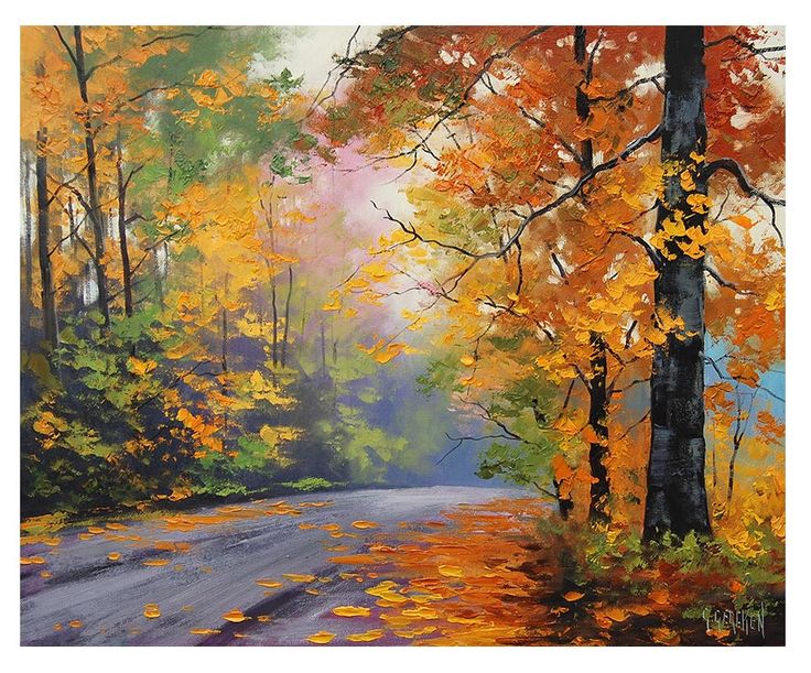 an oil painting of autumn trees and leaves