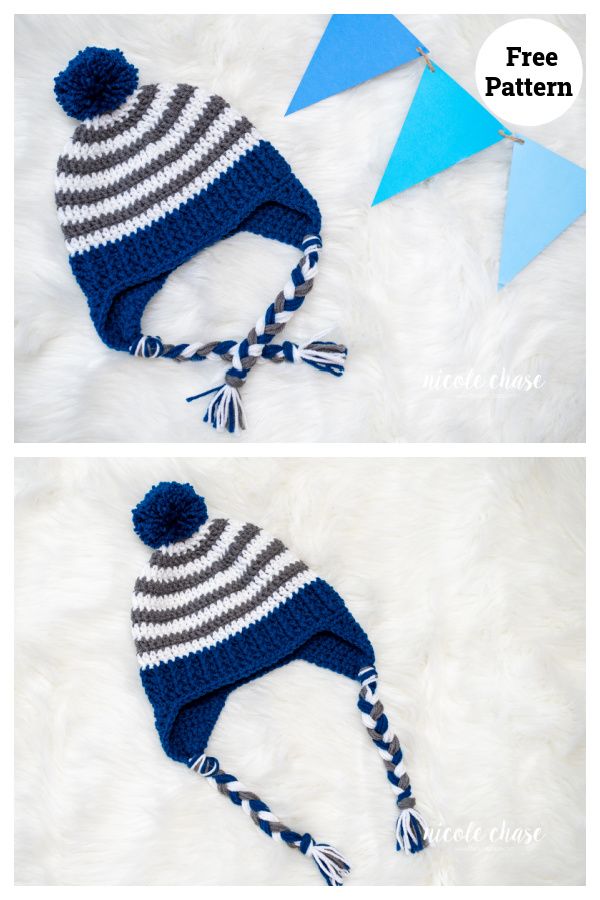 two hats with pom poms on them and one is blue, gray and white