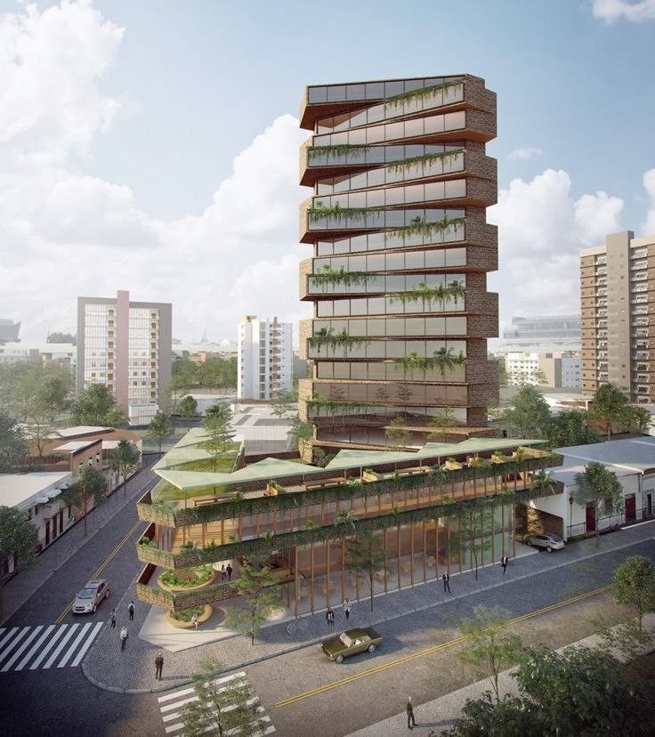 an artist's rendering of a tall building with plants growing on the top and sides