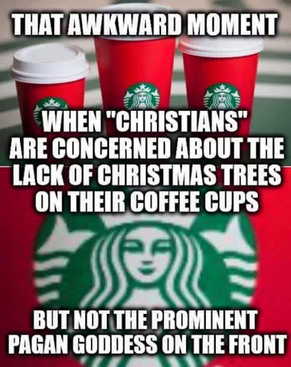 three cups of coffee with the caption that awkward moment when christians are concerned about the lack of christmas trees on their coffee cups