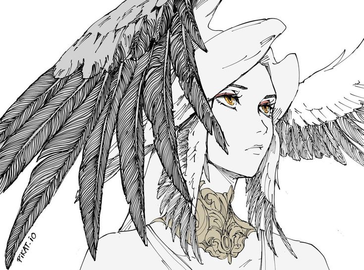 a drawing of an angel with feathers on her head