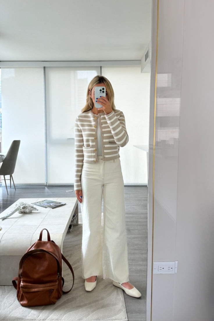 summer work outfit, neutral aesthetic, white denim, white jeans for summer, mary jane sandals, old money, fashion ootd daily style, nordstrom anniversary shoes, work bag, madewell, office outfit, nordstrom outfit, mango jeans