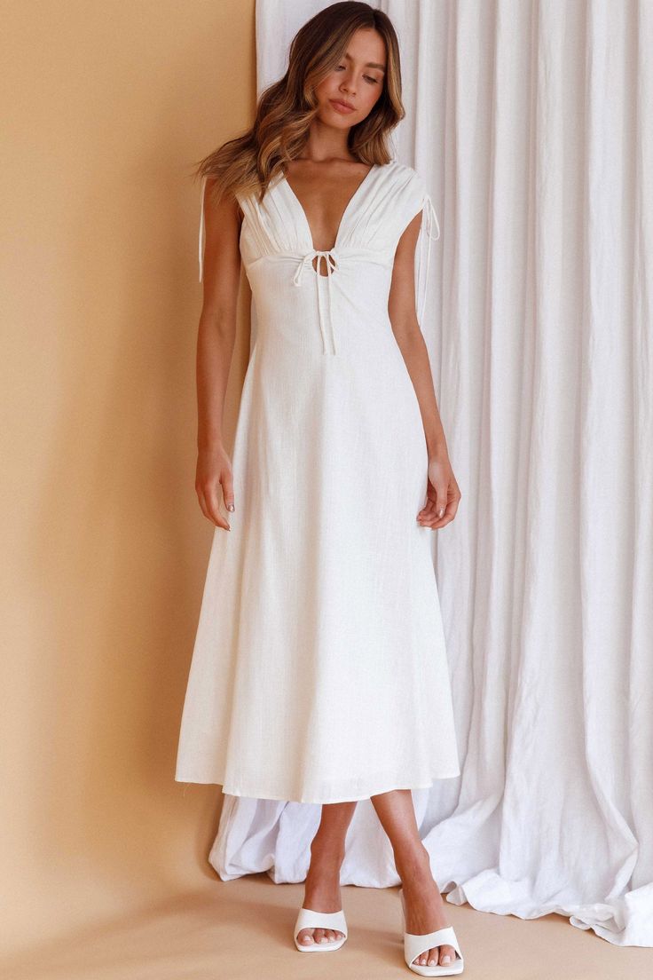 Cape Cod Drawstring Accent Midi Dress White White Graduation Dress Midi, White Mules, Cottage Wedding, Midi Dress White, Selfie Leslie, Drawstring Detail, Seaside Town, Farmers Markets, White Midi