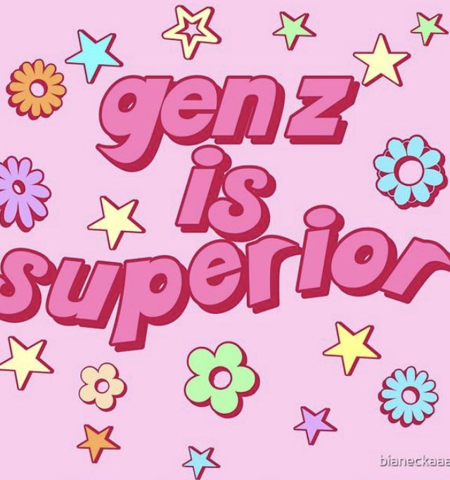 the words genz is superion are surrounded by stars and flowers on a pink background