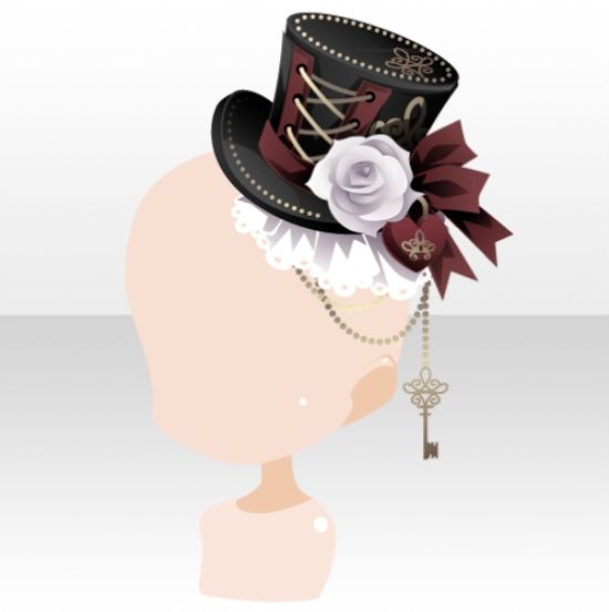 a woman's head wearing a black hat with white flowers and chains on it