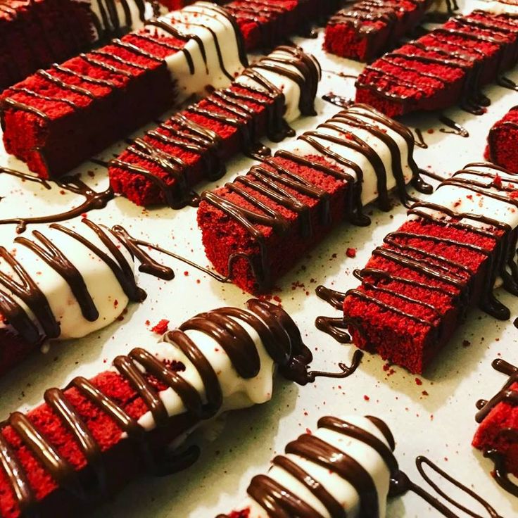 chocolate and red velvet desserts are on display