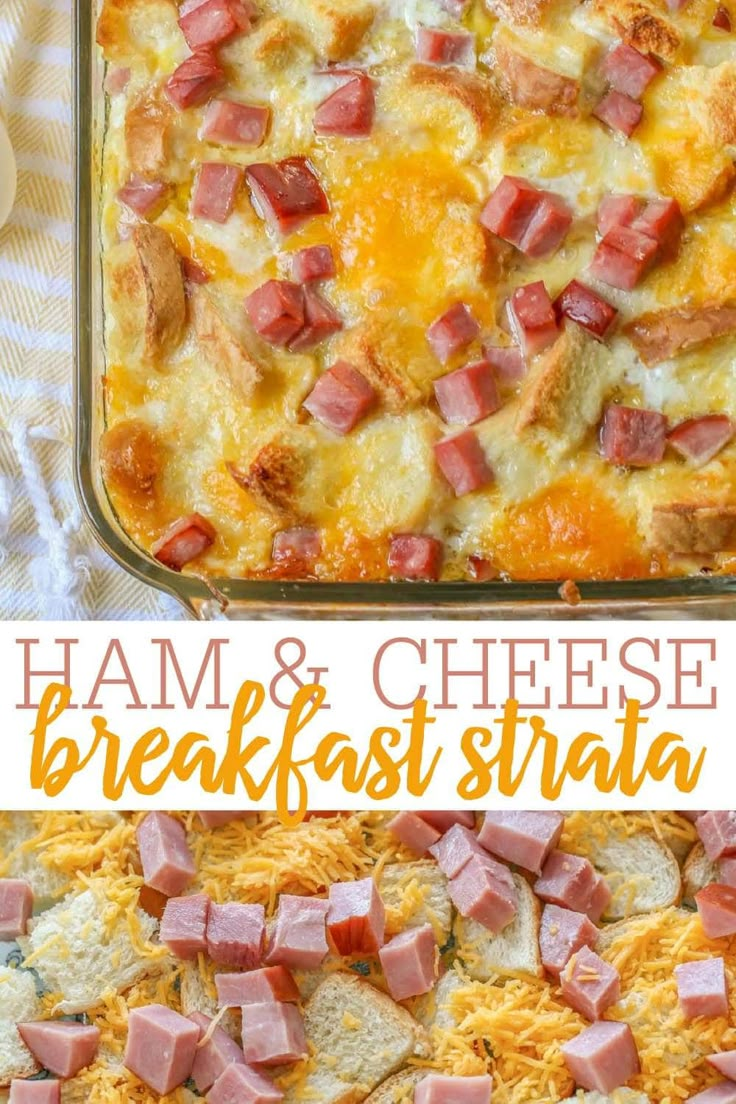 ham and cheese breakfast struda in a casserole dish with text overlay