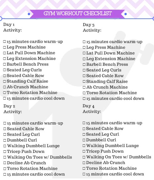 the gym workout checklist is shown in purple