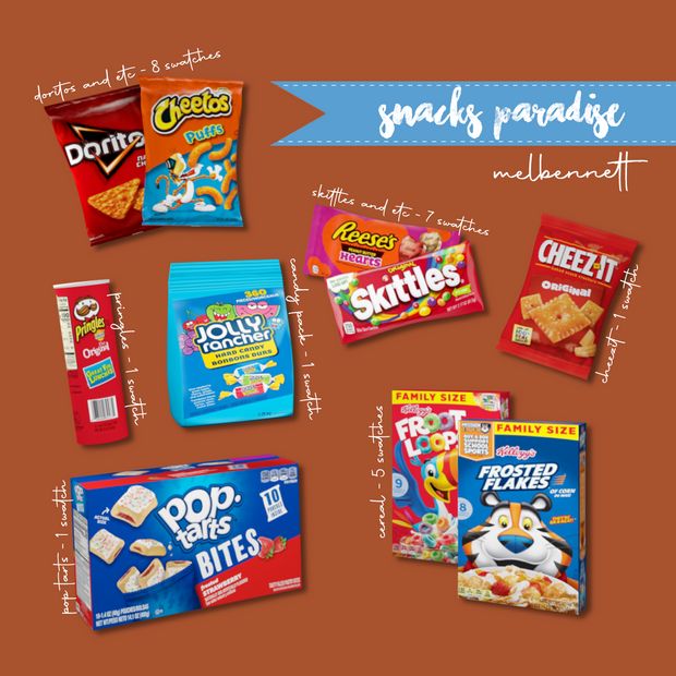 various snacks are shown on a brown background