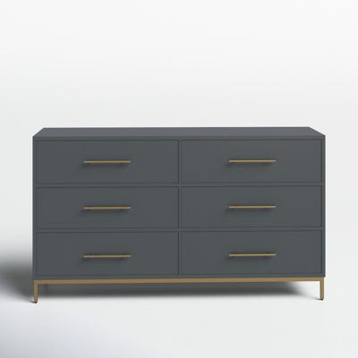 a gray dresser with gold handles and drawers on it's sides, against a white background