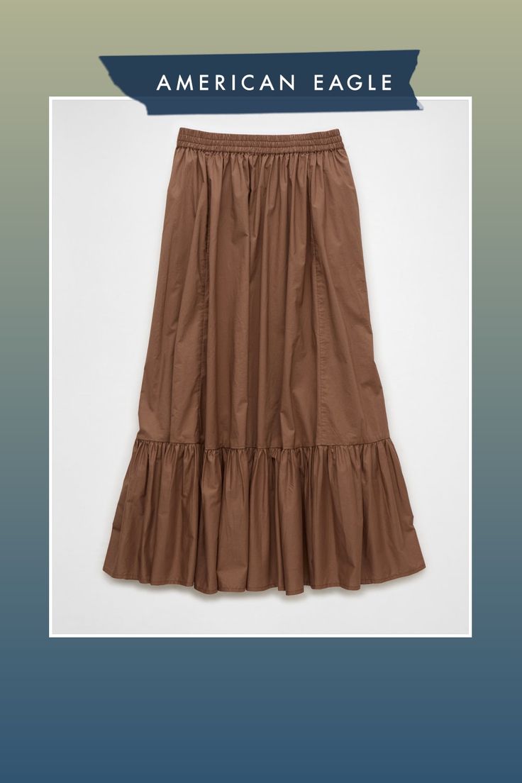 Soft, breathable cotton/Elastic waist/Ruffled bottom/This skirt is Real Good: Made with the planet in mind & a promise to continue to do better. Brown Relaxed Maxi Skirt With Lining, Brown Flowy Lined Maxi Skirt, Summer Brown Ruffled Maxi Skirt, Brown Tiered Ruffle Skirt, Brown Tiered Beach Skirt, Aerie Bras, Ruffle Maxi Skirt, Jumpsuit Skirt, Do Better