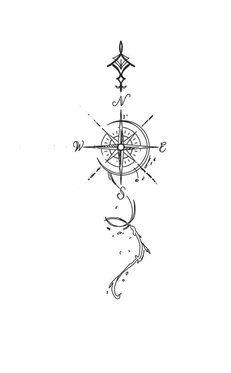 a black and white drawing of a compass on a white background with arrows in the middle