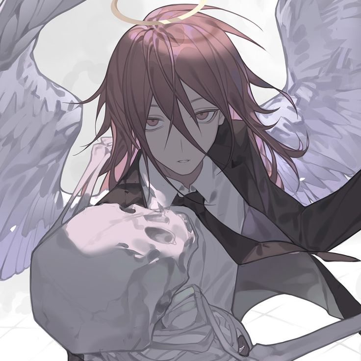 an anime character with angel wings holding a skull