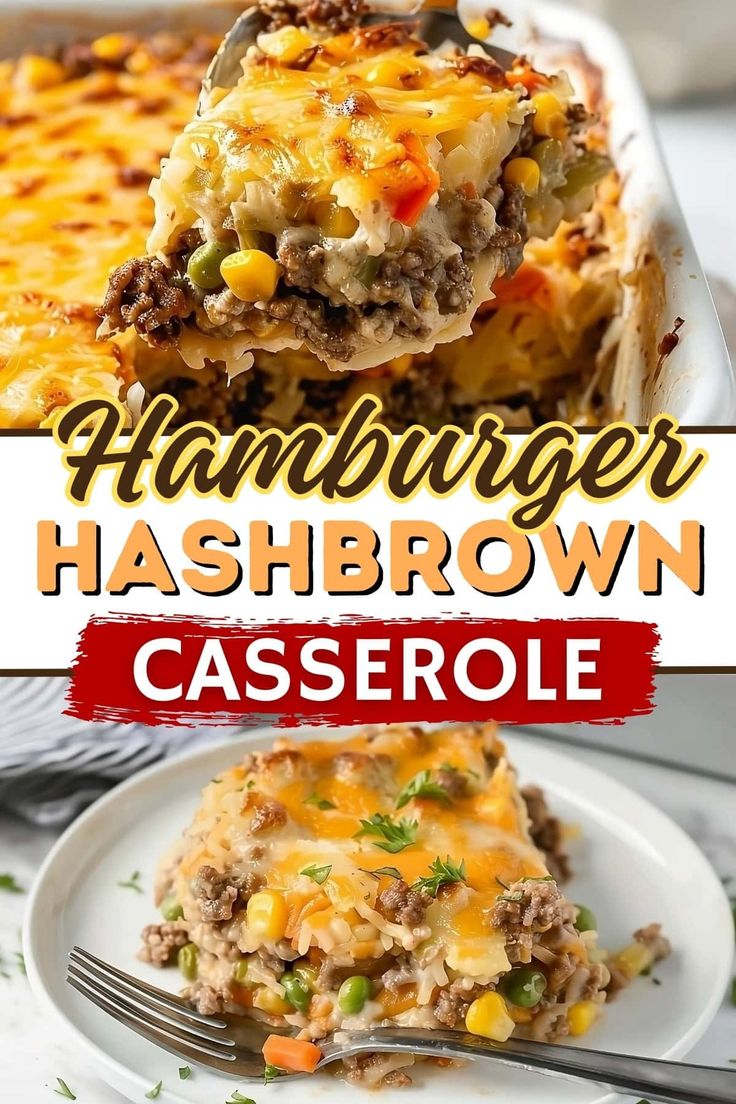 this hamburger hashbrown casserole is loaded with ground beef, cheese and vegetables