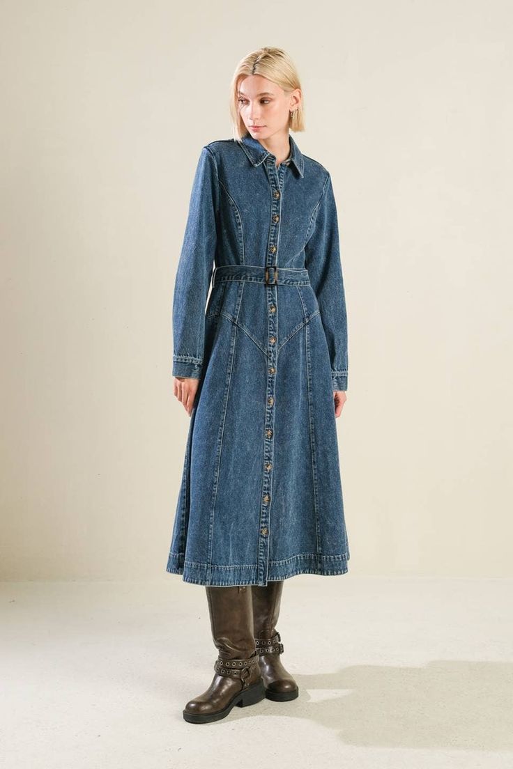 A washed denim midi dress featuring shirt collar, long sleeve, button down with self belt and full skirt 92% COTTON 8%POLYESTER Spring Collared Belted Denim Dress, Collared Denim Dress For Fall, Chic Belted Button-up Denim Dress, Fall Button-up Midi Dress With Belted Cuffs, Fitted Belted Long Sleeve Denim Dress, Fall Midi Dress With Belted Cuffs And Button-up Shape, Chic Washed Long Sleeve Denim Dress, Light Wash Denim Dress With Button Closure For Work, Denim Blue Long Sleeve Shirt Dress For Work