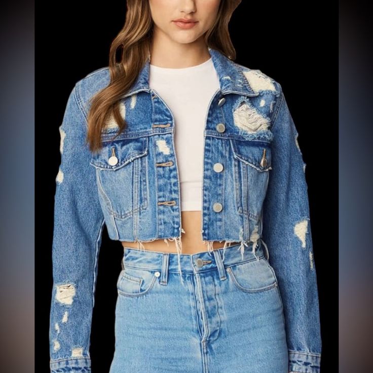 Nwt - Size S Blanknyc Women’s Luxury Cropped And Distressed Denim Trucker Jackets, Comfortable & Stylish Coat. 100% Colton Machine Washable Fitted Ripped Denim Jacket In Dark Wash, Trendy Ripped Fitted Denim Jacket, Trendy Fitted Ripped Denim Jacket, Fitted Ripped Denim Jacket, Ripped Cropped Denim Jacket, Stylish Coat, Blank Nyc, Cropped Denim Jacket, Trucker Jacket