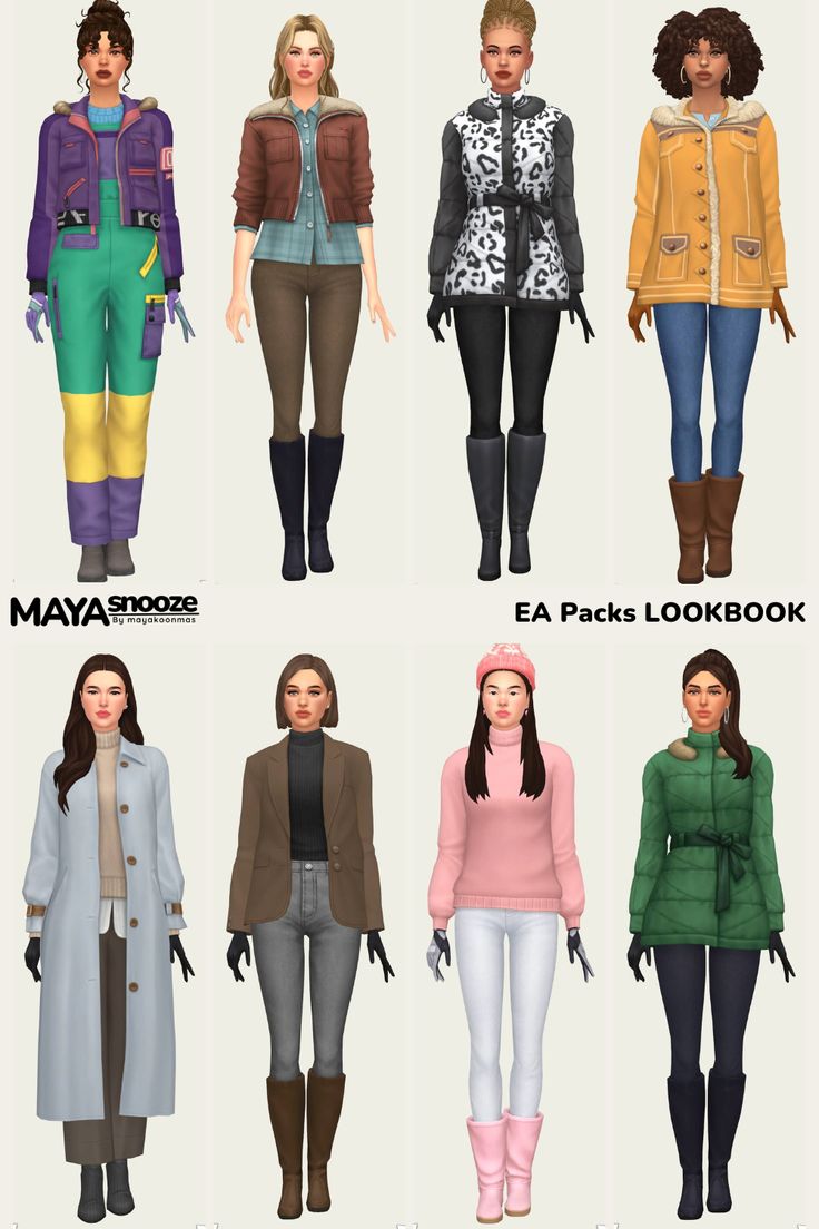 six different poses of women wearing jackets and coats, all in different colors with the same name