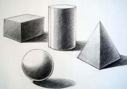 pencil drawing of three different shapes and one is in the shape of a cube, pyramid, and ball