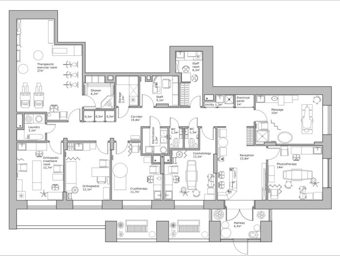 the floor plan for an apartment with three bedroom and two bathroom areas, including one living room