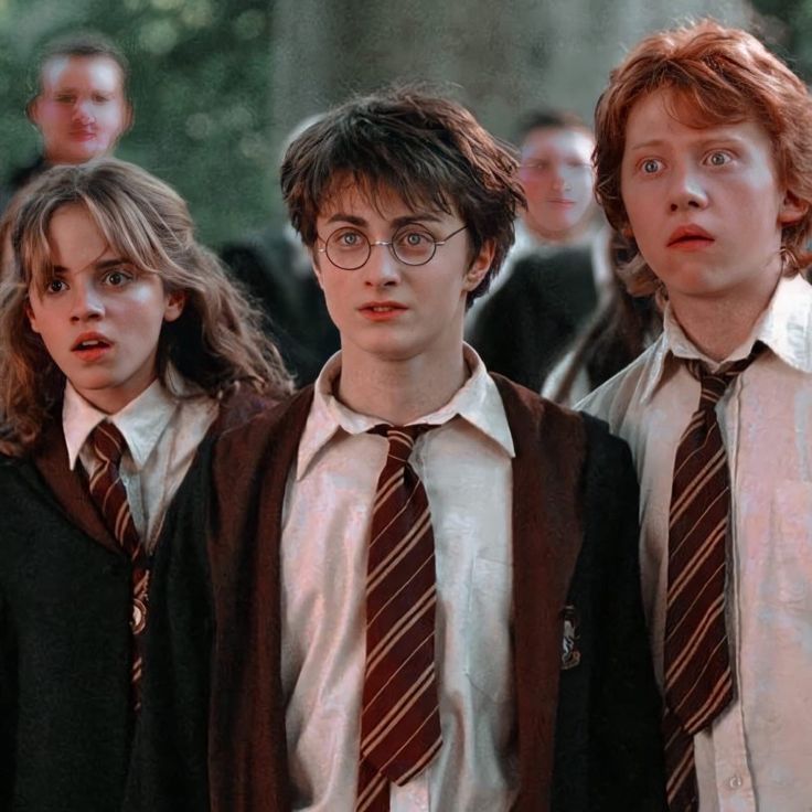 three harry potters are standing in front of a group of people wearing ties and vests