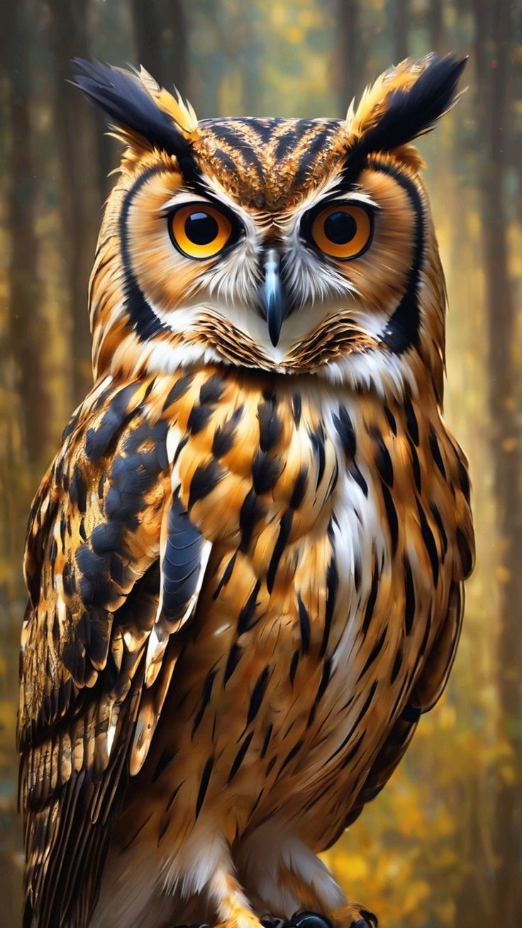 an owl sitting on top of a tree stump in the woods with its eyes wide open