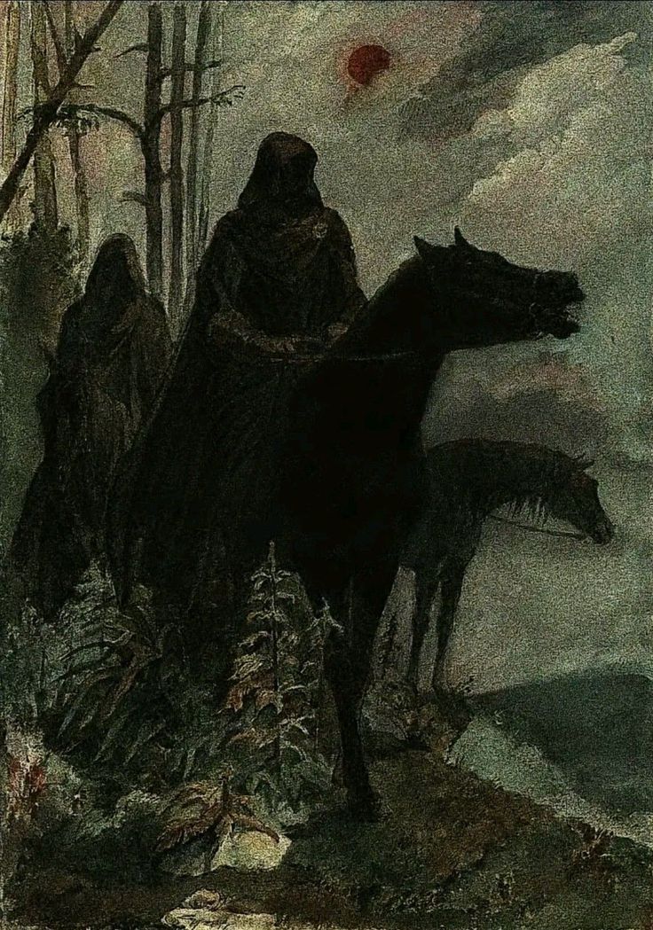 an illustration of two men on horseback in the woods with trees and clouds behind them