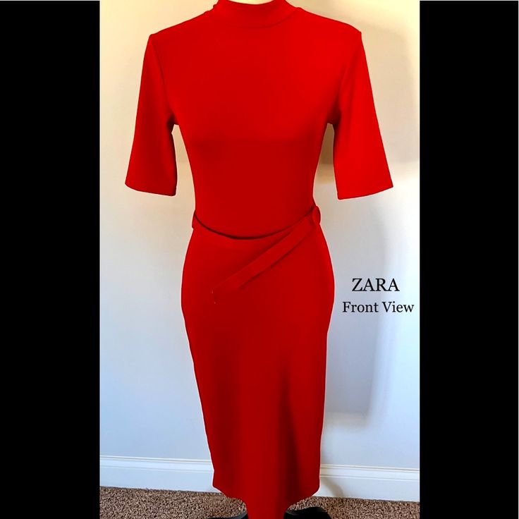 Zara Mock Turtleneck Dress W/ Belt Condition: Never Worn Length: Hits Right By The Knee Material: 95% Polyester 5% Elastic Red Stretch High Neck Dress, Red High Neck Stretch Dress, Red Stretch Midi Dress For Work, Red Midi Dress For Summer Workwear, Red Summer Midi Dress For Work, Red High Neck Mini Dress For Spring, Chic Red Short Sleeve Bodycon Dress, Flattering Fitted Red Dress, Zara High Neck Spring Dress