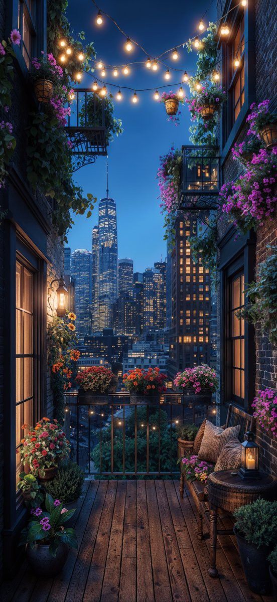 an open balcony with flowers and lights hanging from the ceiling, overlooking a cityscape