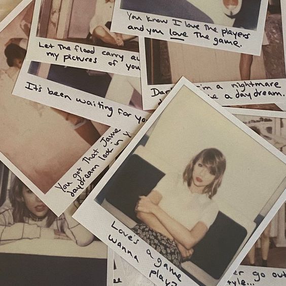 many polaroid photos with writing on them