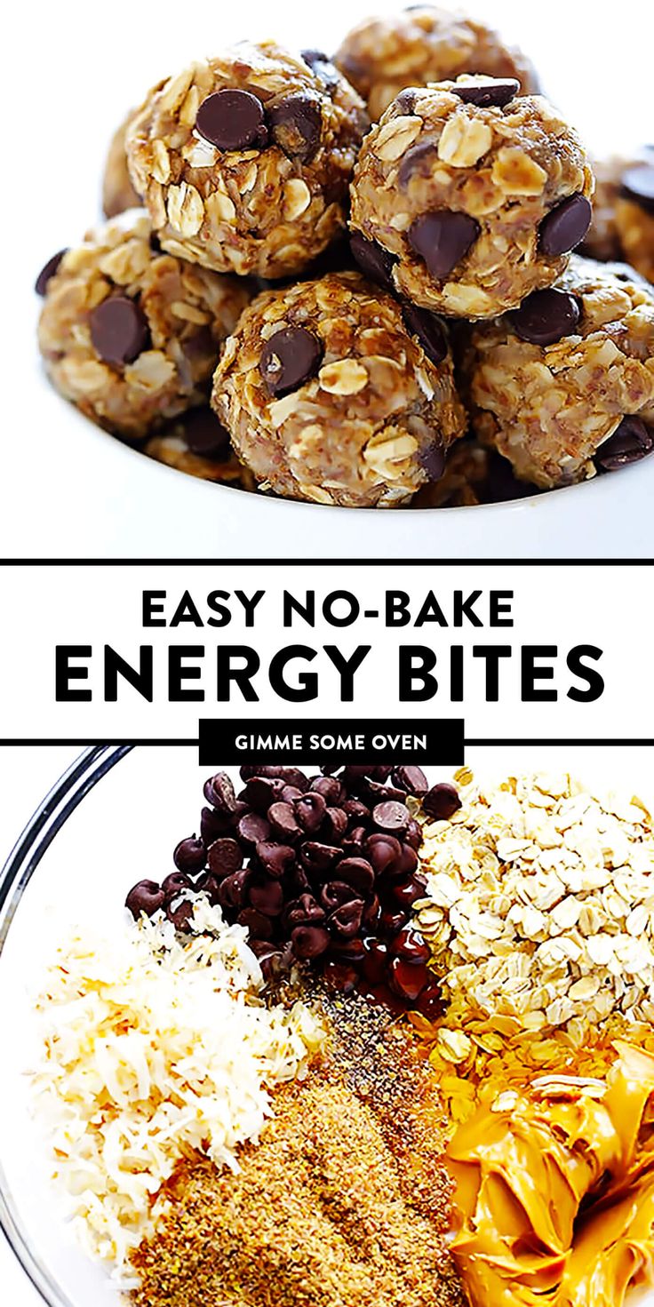 no - bake energy bites recipe on a plate with chocolate chips and oats